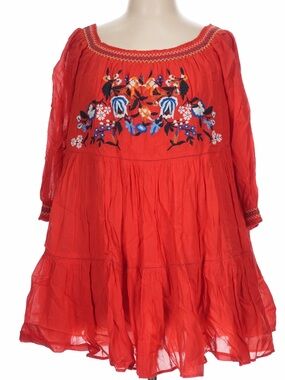 Free People womans boho Red Embroidered Mini Dress size L